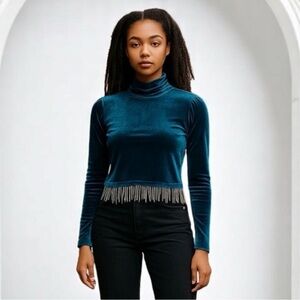 Joie Teal Velvet Top with Fringe, Size XSmall